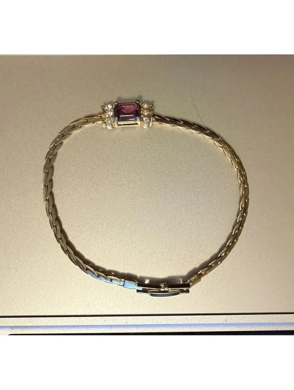 BRACELET Gold-Tone Bracelet with Purple Gemstone and Clear Rhinestones 7